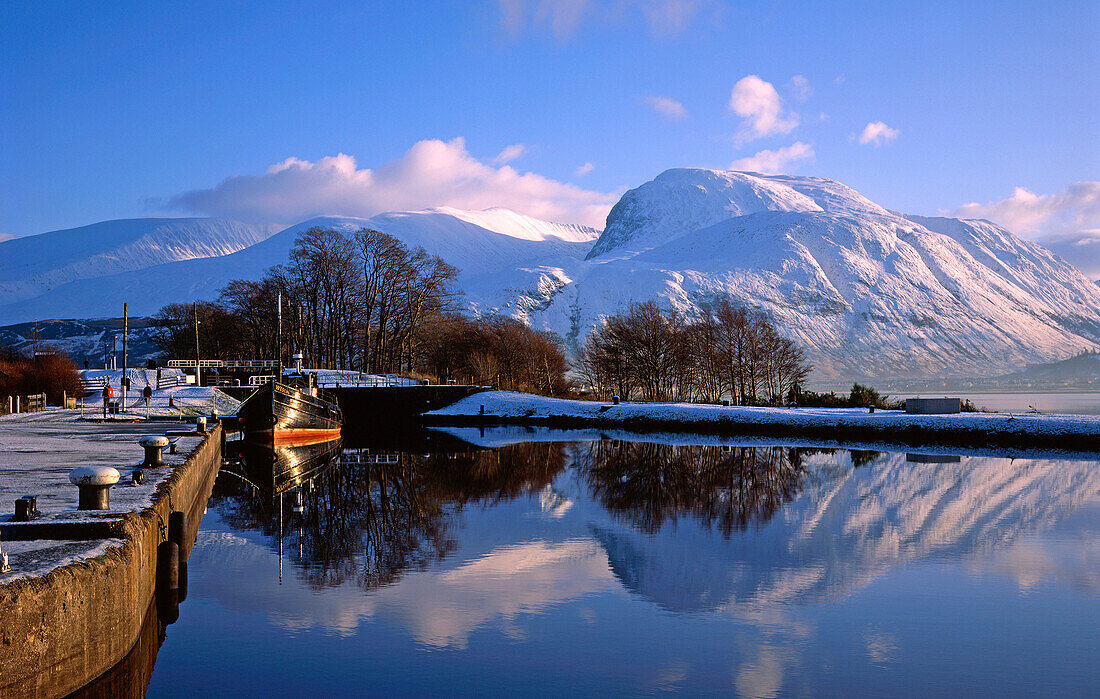 View over canal to Ben Nevis, Corpach, Highland, UK - Scotland