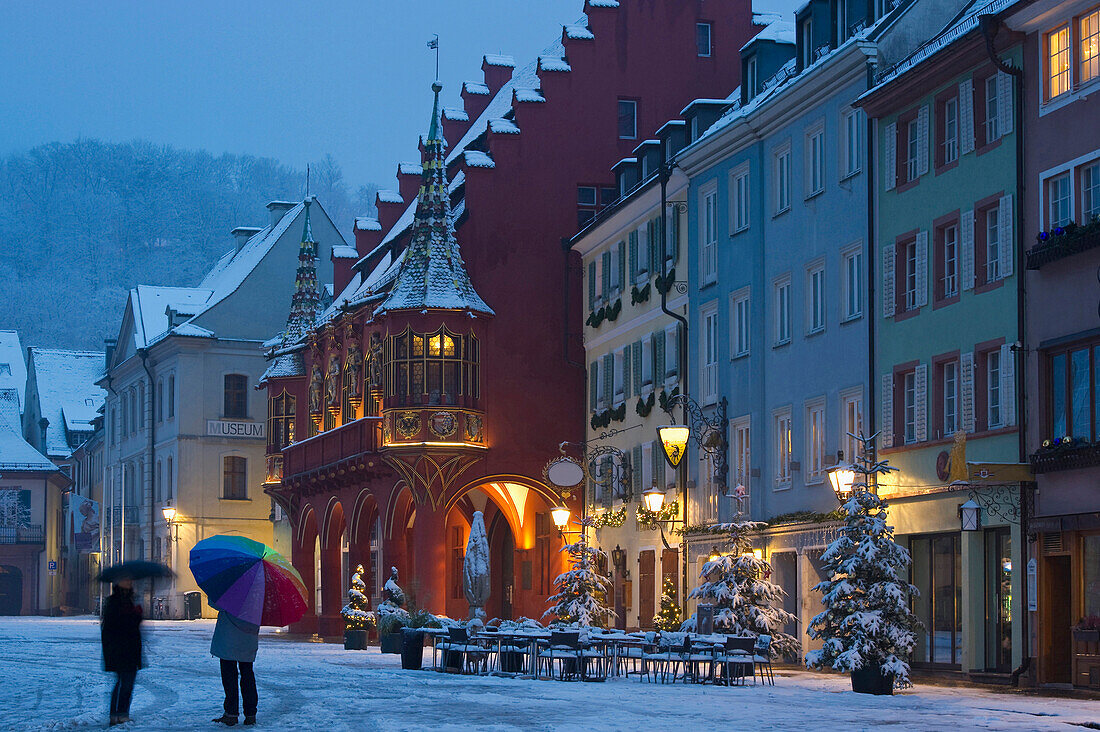 Historical department store in winter, old town, Freiburg im Breisgau, Black Forest, Baden-Wurttemberg, Germany