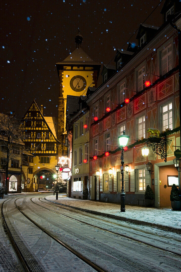 Gate Schwabentor at night, old town, Freiburg im Breisgau, Black Forest, Baden-Wurttemberg, Germany