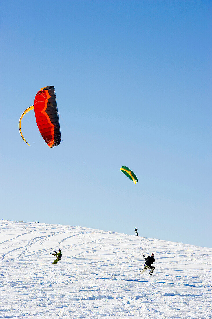 Snowkiters at mount Schauinsland, Freiburg im Breisgau, Black Forest, Baden-Wurttemberg, Germany