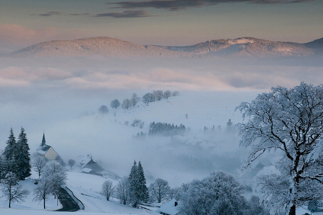 Blick auf Hofsgrund im Winter, Schauinsland, Freiburg im Breisgau, Schwarzwald, Baden-Württemberg, Deutschland