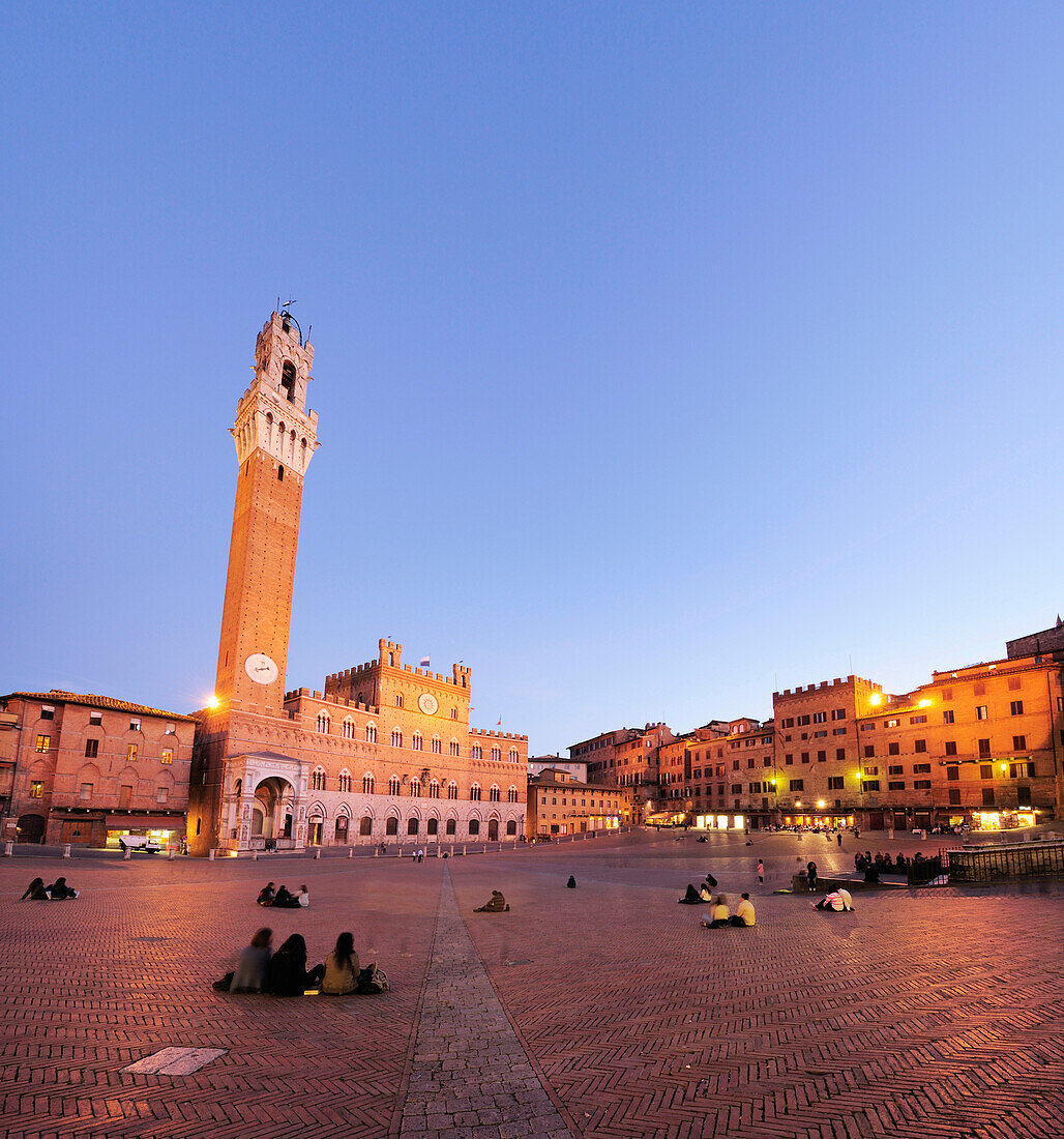 View over Piazza del Campo to Palazzo Pubblico with Torre del Mangia, Siena, Tuscany, Italy