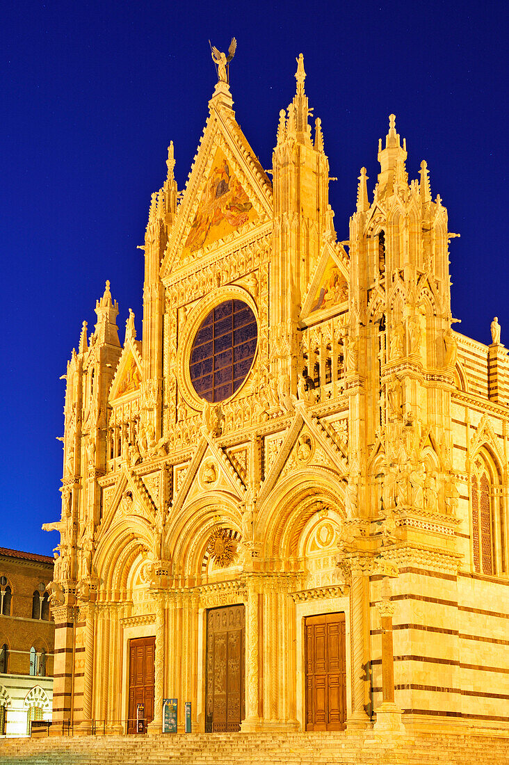 Illuminated facade of Siena cathedral, Siena, UNESCO World Heritage Site Siena, Tuscany, Italy