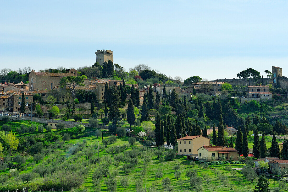 Village of Pienza with cypresses and olive trees, Val d´Orcia, UNESCO World Heritage Site Val d´Orcia, Tuscany, Italy