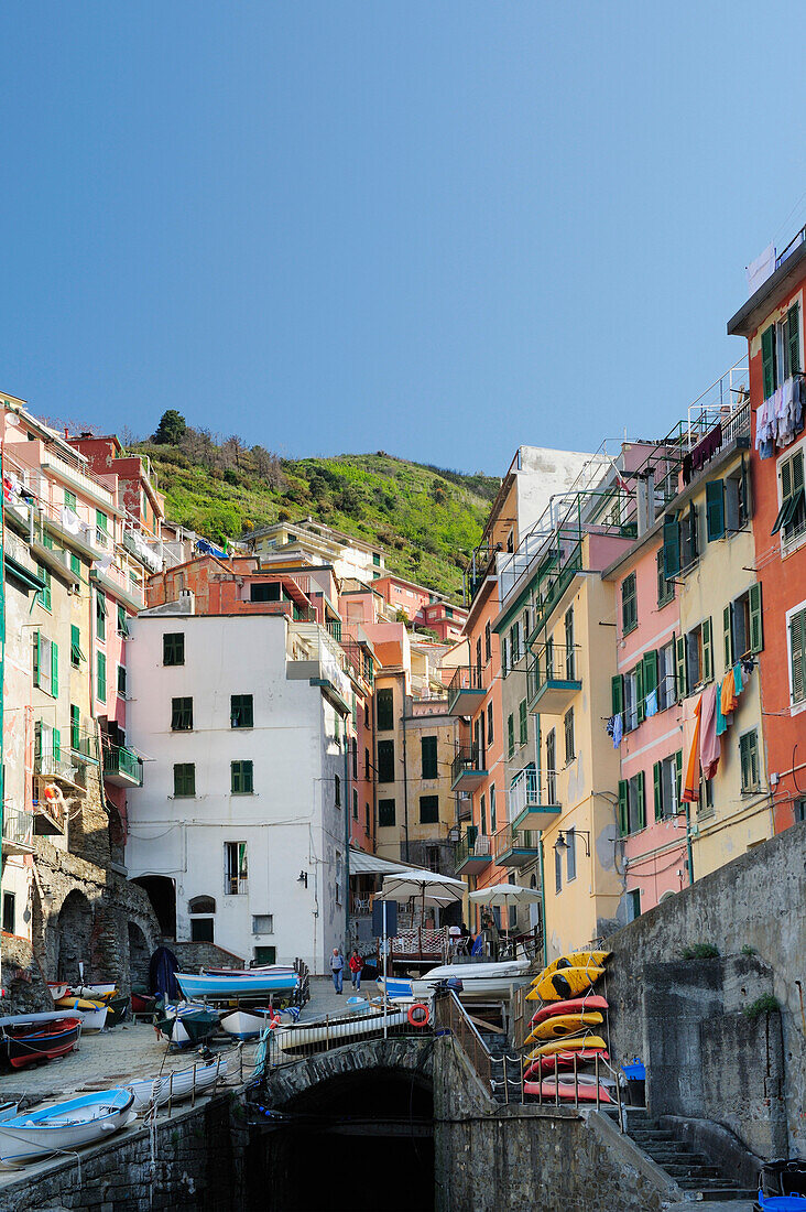Coloful houses and boats, Riomaggiore, Cinque Terre, Liguria, Italy