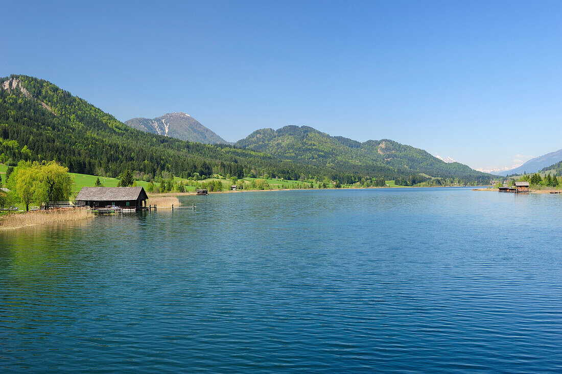 Lake Weissensee under blue sky, Carinthia, Austria, Europe