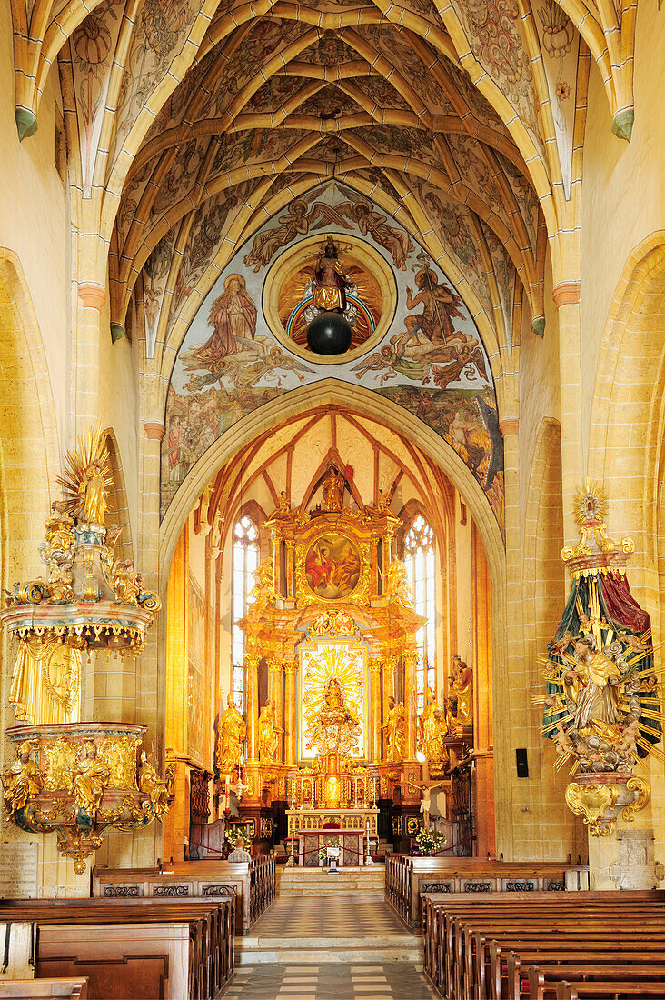 Altar and roof of late Gothic church Maria Saal, Maria Saal, Carinthia, Austria, Europe