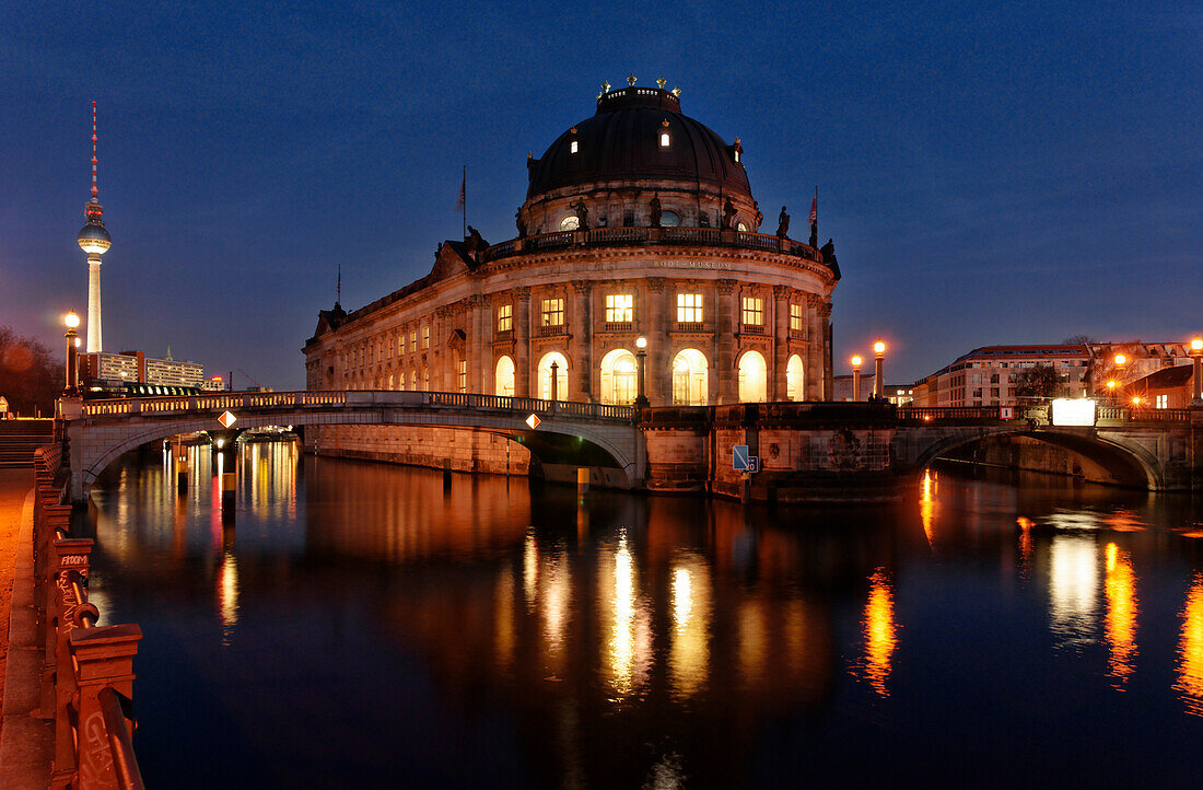 River Spree, Bode Museum and Television Tower at night, Museum Island, Mitte, Berlin, Germany, Europe