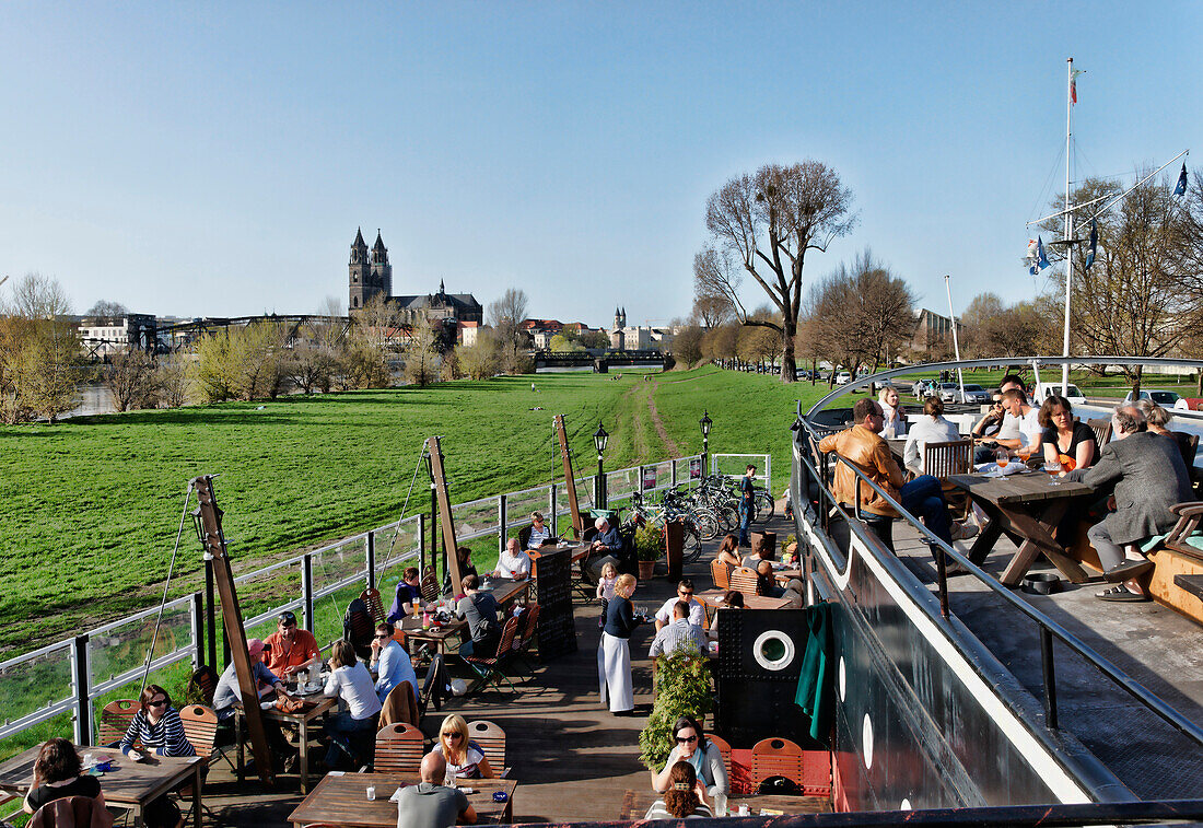 People at restaurant of ship museum in front of Elb meadow, Elbe river and Magdeburg Cathedral, Magdeburg, Saxony-Anhalt, Germany, Europe