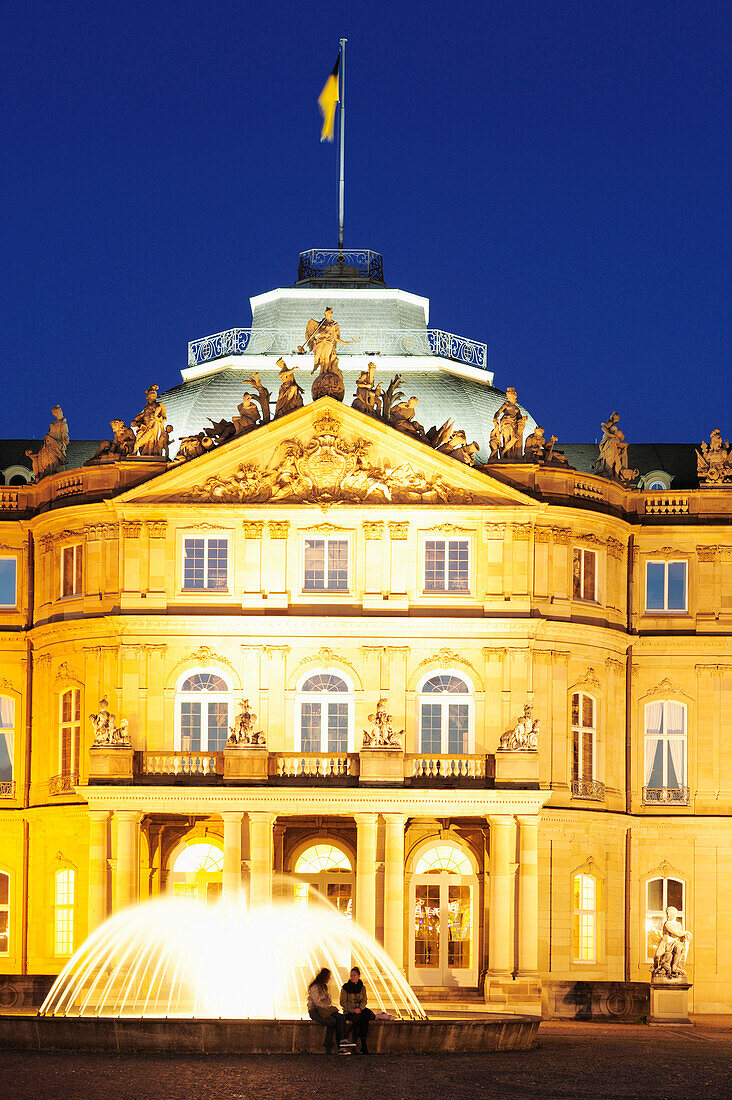 Illuminated castle Neues Schloss with fountain in the evening, Stuttgart, Baden-Wuerttemberg, Germany, Europe