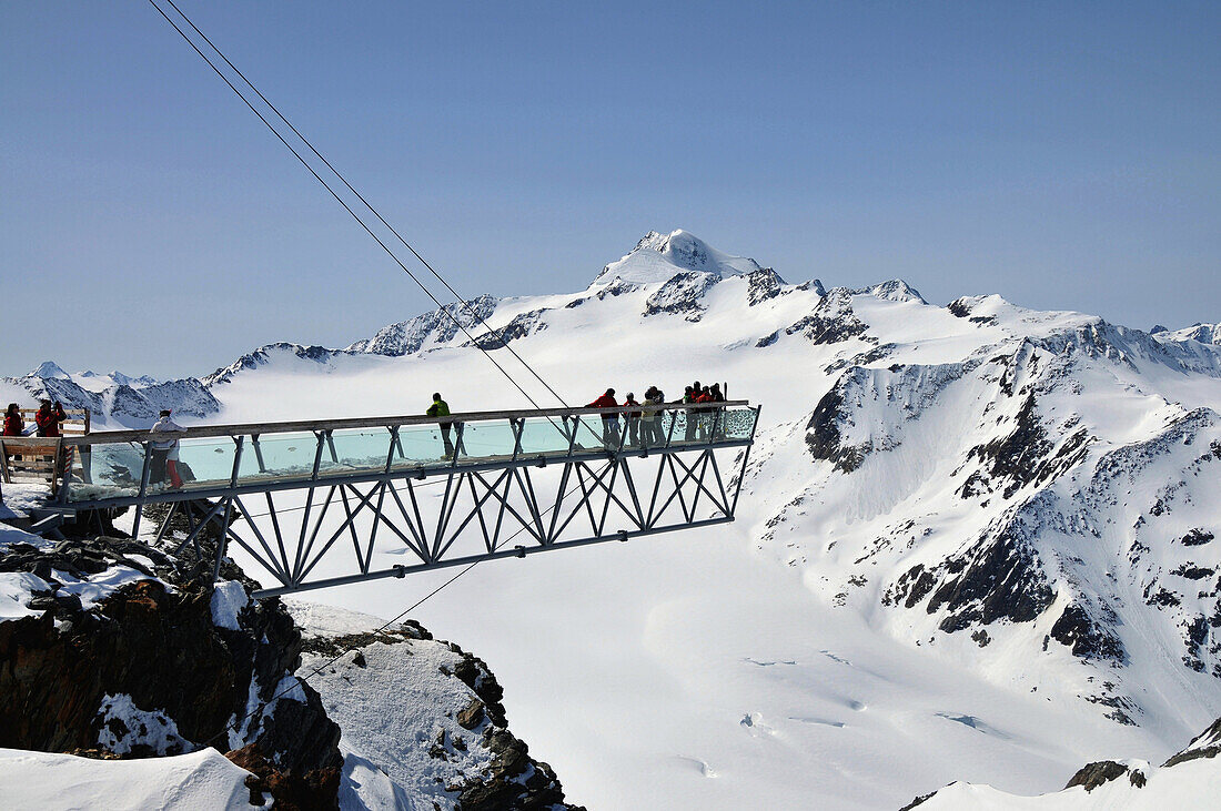 View over glacier Tiefenbach, viewpoint with Wildspitze, Soelden, Oetztal, Winter in Tyrol, Austria