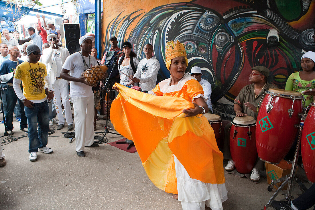 Afro-Cuban musicians performing at Sunday afternoon rumba at Callejon de Hamel, City of Havana, Havana, Cuba