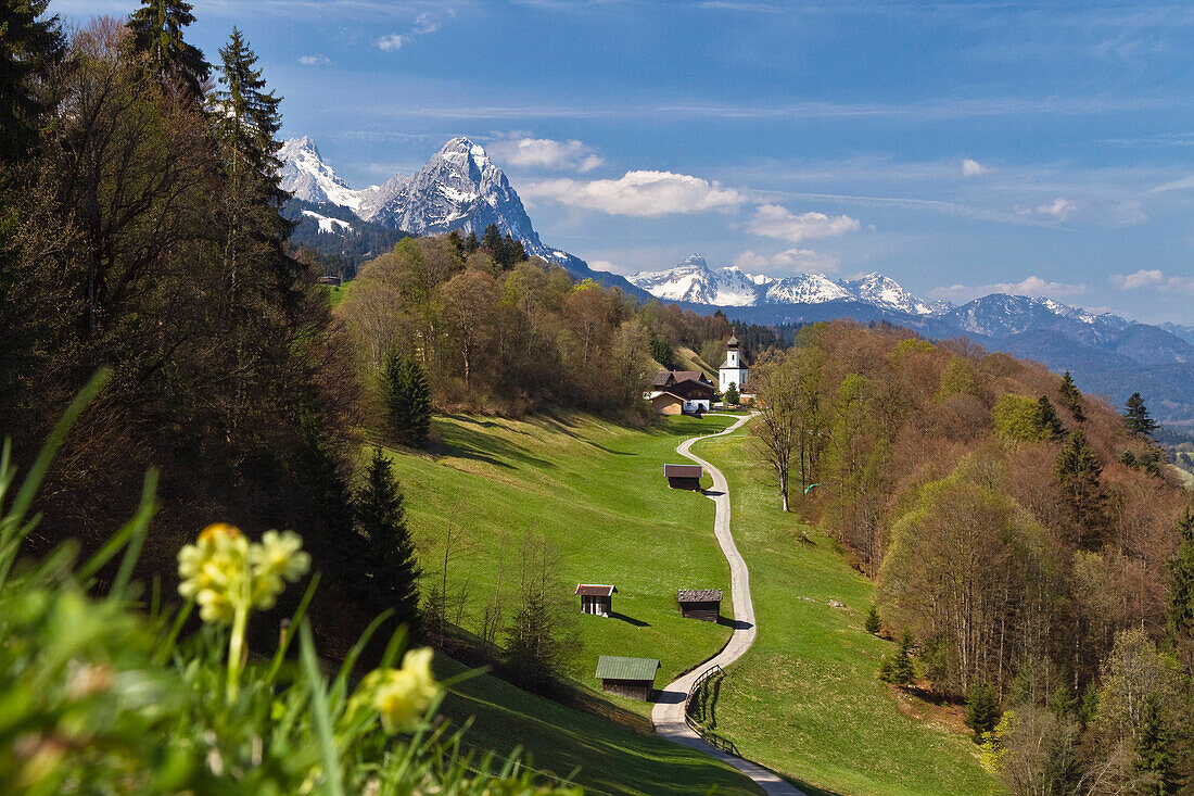 Wetterstein mountain range with Zugspitze, Waxenstein and Daniel, Wamberg, Werdenfelser Land, Upper Bavaria, Germany