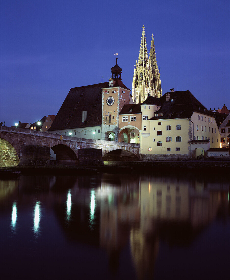 View over the river Danube to Regensburg, Saint Peter's cathedral in background, Regensburg, Bavaria, Germany
