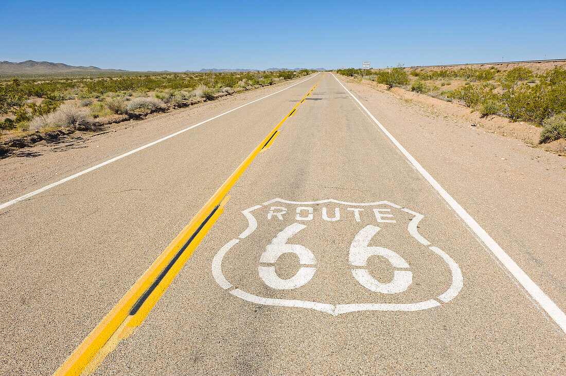 Barstow, CA - A Route 66 marker is stenceled on the historic highway, also known as theMother Road'