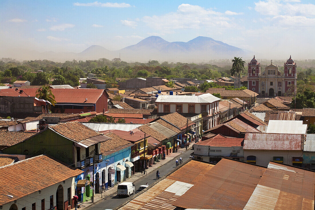 View from cathedral looking across rooftops towards El Calvario church, Leon, Nicaragua