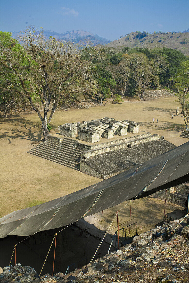 Ballcourt (AD 731) and Hieroglyphic Stairway, Great Plaza, Mayan ruins of Copan, Copan Ruinas, Honduras