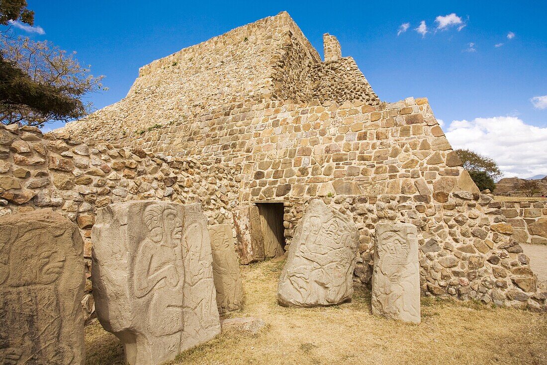 Stele Danzantes. Pyramide AlbÃ¡n. Pre-Columbian archaeological site. Oaxaca. Mexico.