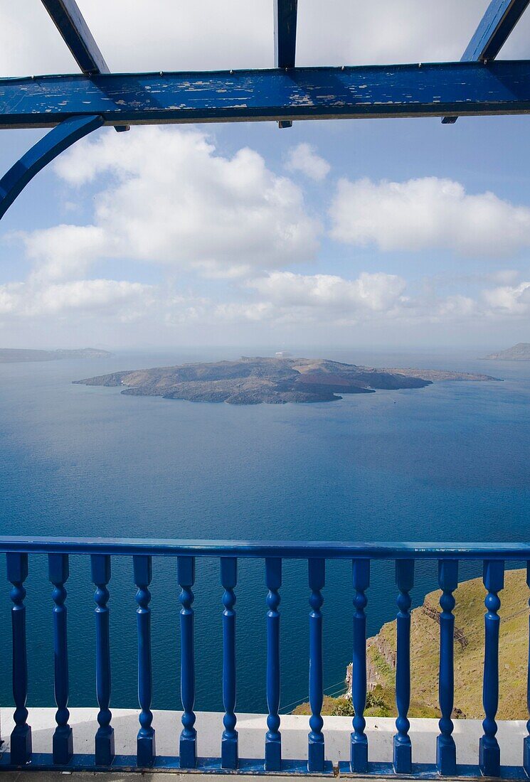 Caldera on background.Thira (Fira). Santorini. Cyclades Islands. Greece.