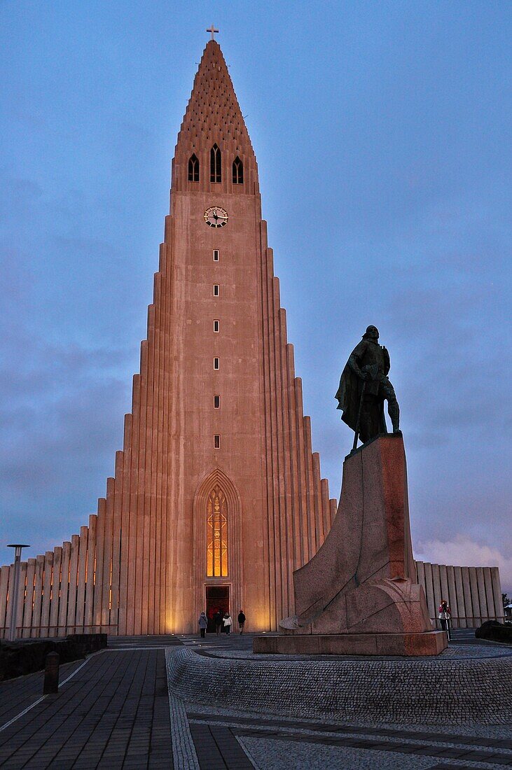 A statue of Leif Ericson in Reykjavik at Hallgrimskirkja Cathedral on Sunset at Reykjavik city Iceland