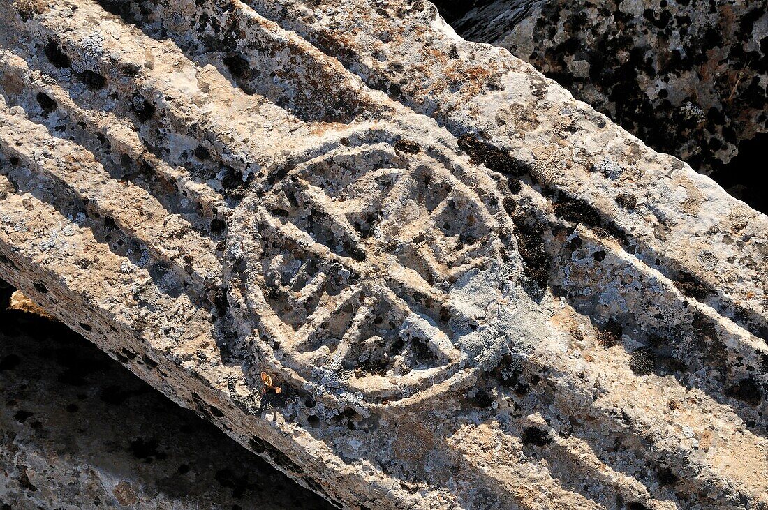 christian ornament on a house ruin at the archeological site of Serjilla, Dead Cities, Syria, Middle East, West Asia