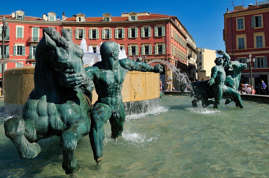 Fountain at Place Massena, Nice, Nizza, Cote d'Azur, Alpes Maritimes, Provence, France, Europe