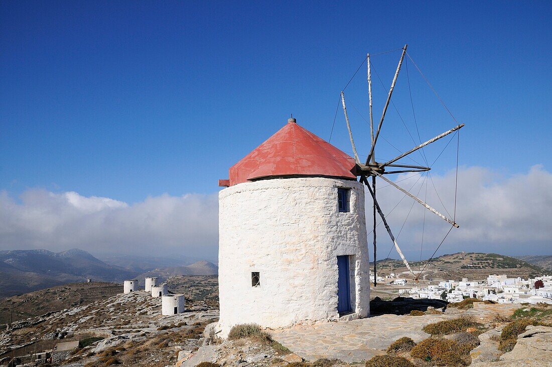 Greece, Cyclades, Amorgos Old windmills above Hora