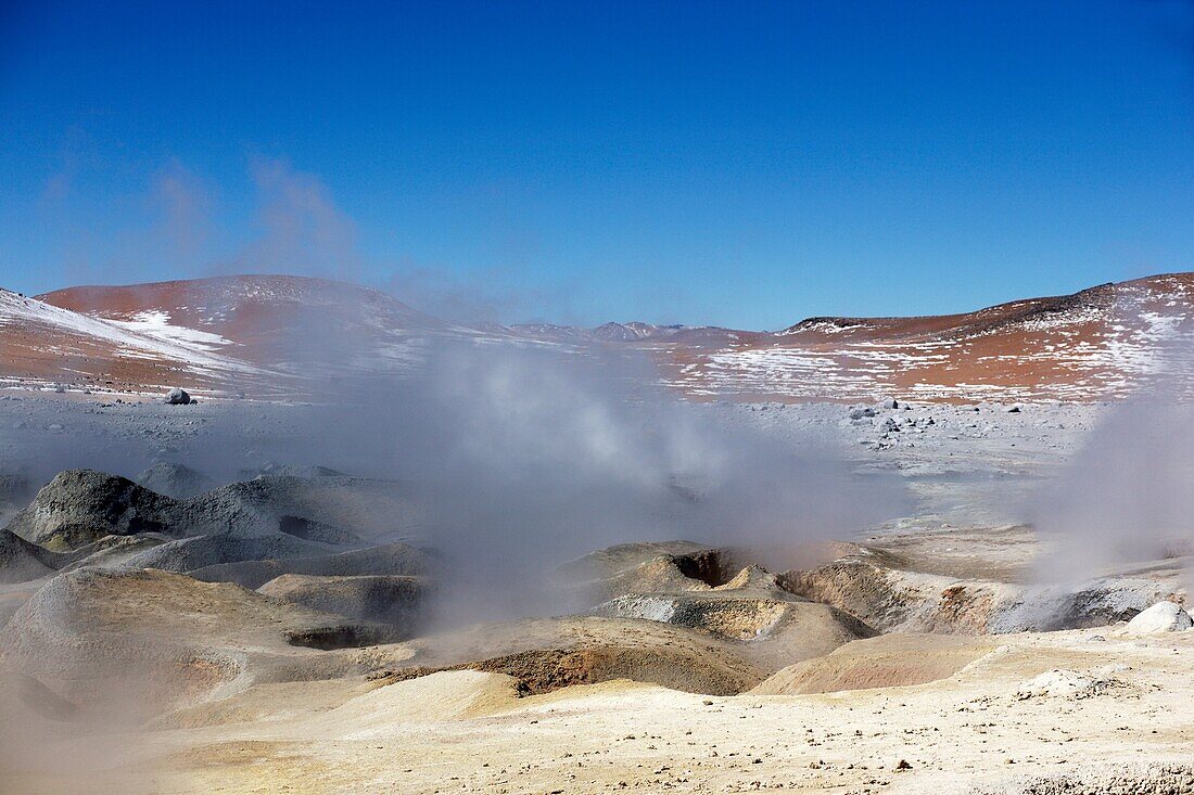 Steaming geysers in the southern altiplano in Bolivia