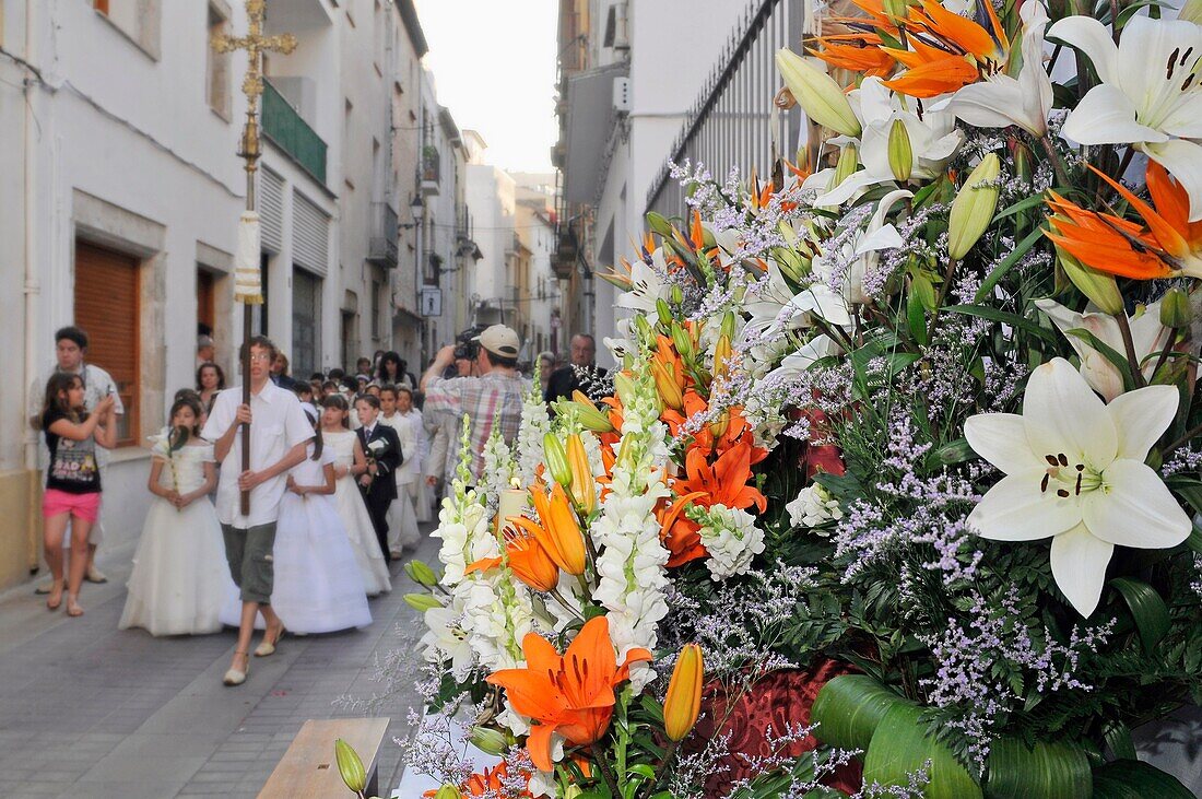 Altar with flowers, Corpus Christi procession, Flower mats & altars in the streets, Tossa de Mar, Costa Brava, Girona province, Catalonia, Spain, Europe