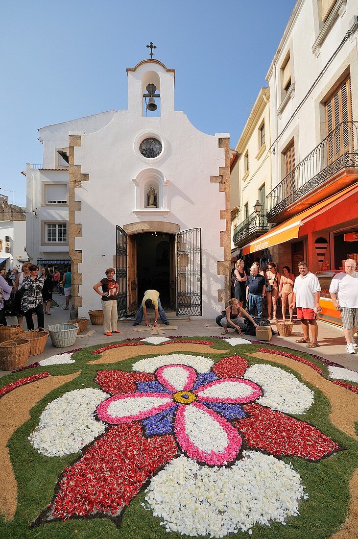 Corpus Christi procession, Flower mats & altars in the streets, Tossa de Mar, Costa Brava, Girona province, Catalonia, Spain, Europe
