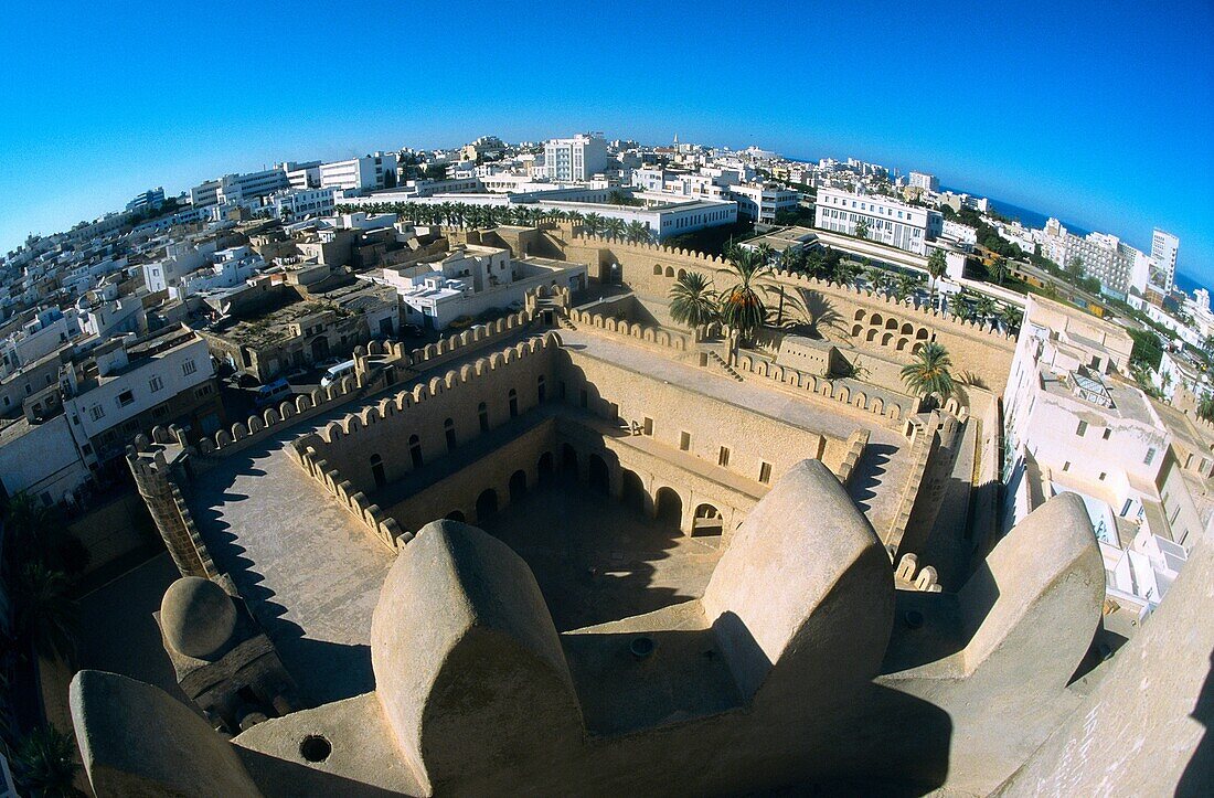 Africa, African, Architecture, Buildings, City, Cityscape, Courtyard, Elevated, Fish eye, Fort, Fortified, Fortress, High, Historic, Historical, Houses, Islamic, Landmark, Large angle, Medina, North africa, Northern africa, Overlook, Overview, Ribat, Sous