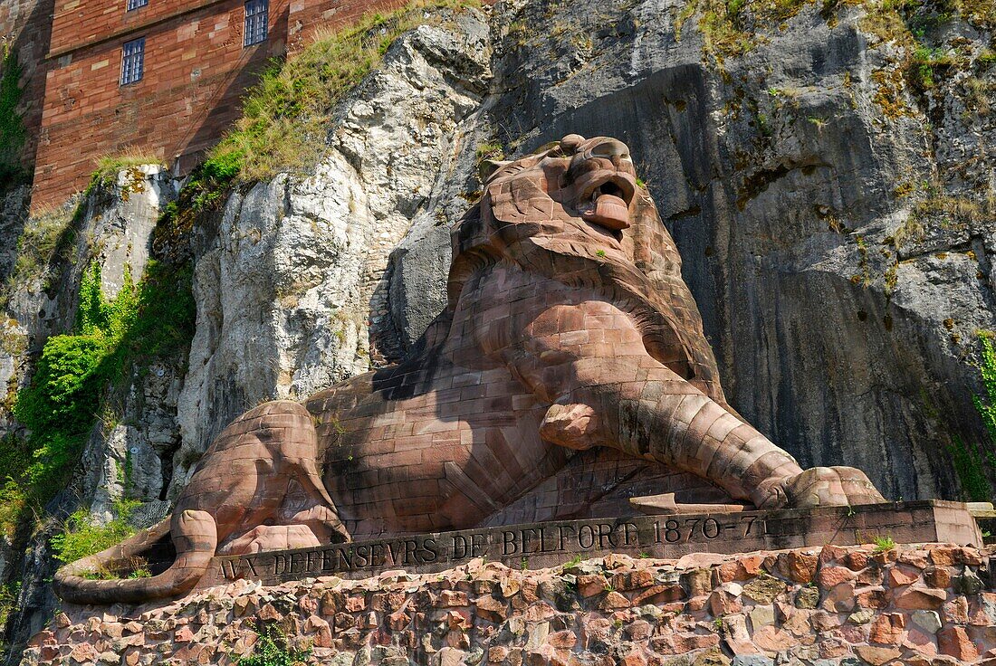 Lion of Belfort sculpture down of Belfort citadel Belfort territory, Franche Comte region, Europe
