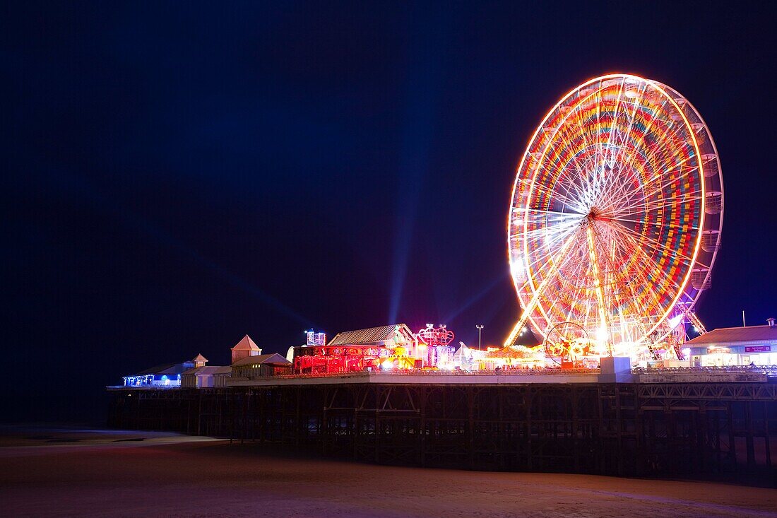 England, Lancashire, Blackpool Blackpool Central Pier at night, illuminated as part of the Blackpool Illuminations