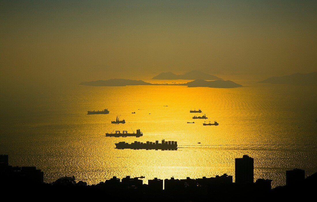 People's Republic of China, Hong Kong Special Administrative Region, Hong Kong Island Sunset viewed from near the Peak complex