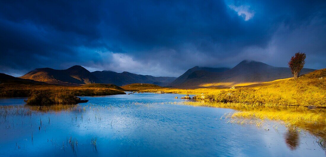 Scotland, Scottish Highlands, Rannoch Moor Lochan an Stainge located on Rannoch Moor with the dominating peak of the Black Mount and surrounding mountains in the distance