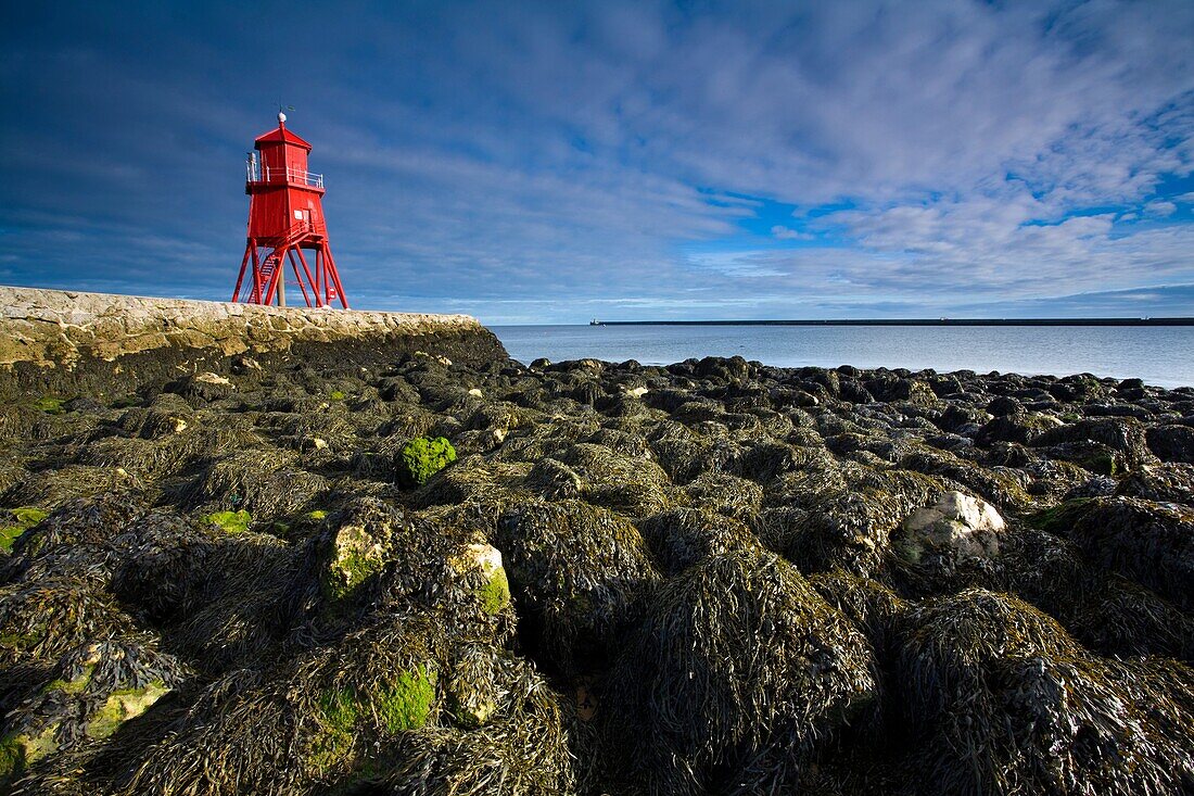England, Tyne & Wear, South Shields Little Haven Beach, looking towards the South Groyne Lighthouse