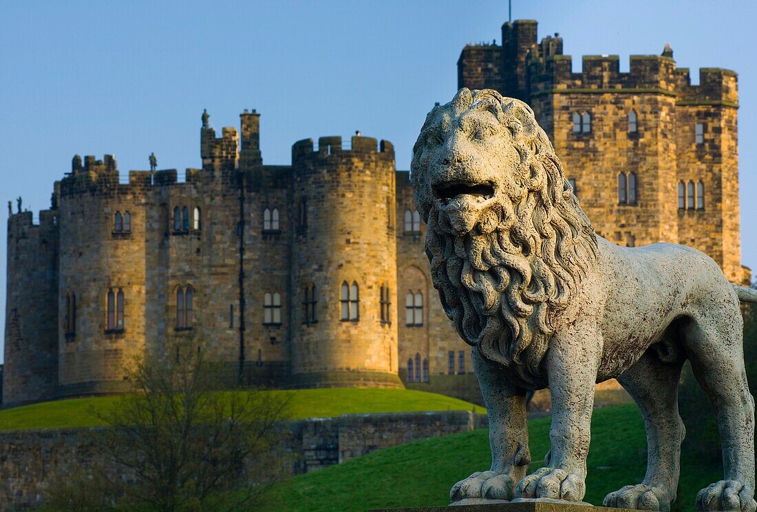 England, Northumberland, Alnwick Alnwick castle viewed from Lion Bridge, the castle is one of the finest medieval castles to be found in England Often referred asThe Windsor of the North', it was also a Harry Potter Movie set