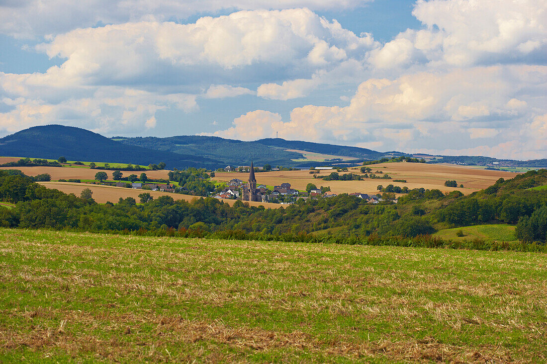 Blick auf Agrarlandschaft mit Welling, Eifel, Rheinland-Pfalz, Deutschland, Europa