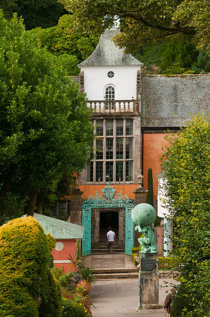 Town hall with hercules statue, The village of Portmeirion, founded by Welsh architekt Sir Clough Williams-Ellis in 1926, Wales, UK