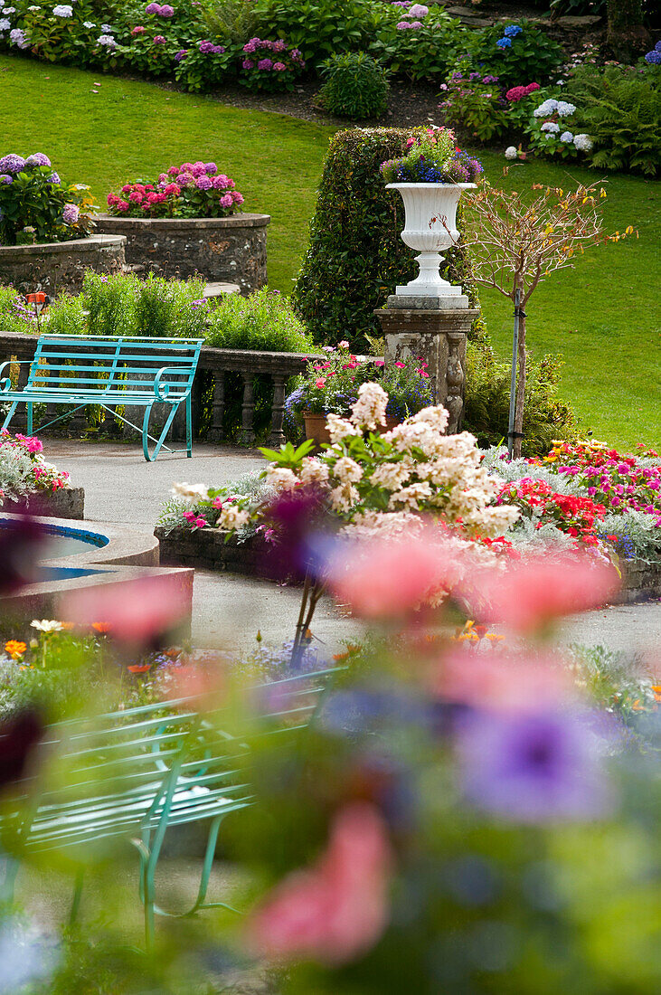 The botanical gardens in the village of Portmeirion, founded by Welsh architekt Sir Clough Williams-Ellis in 1926, Wales, UK