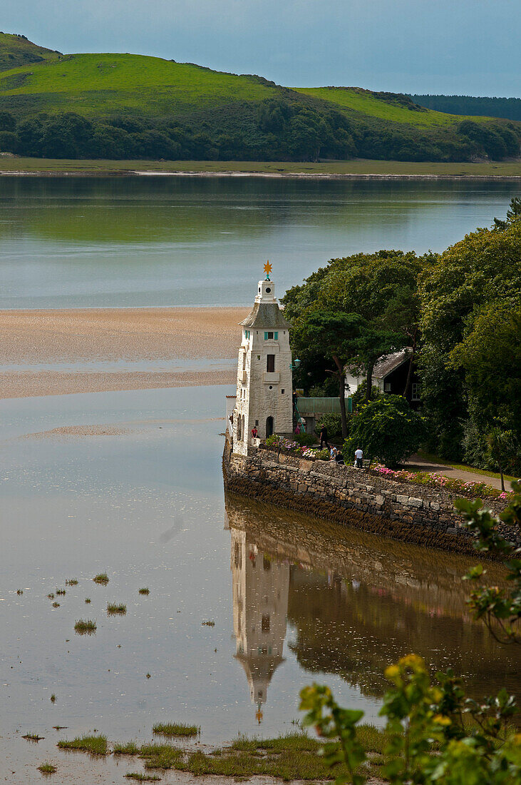 The village of Portmeirion with bell tower, founded by Welsh architekt Sir Clough Williams-Ellis in 1926, Wales, UK