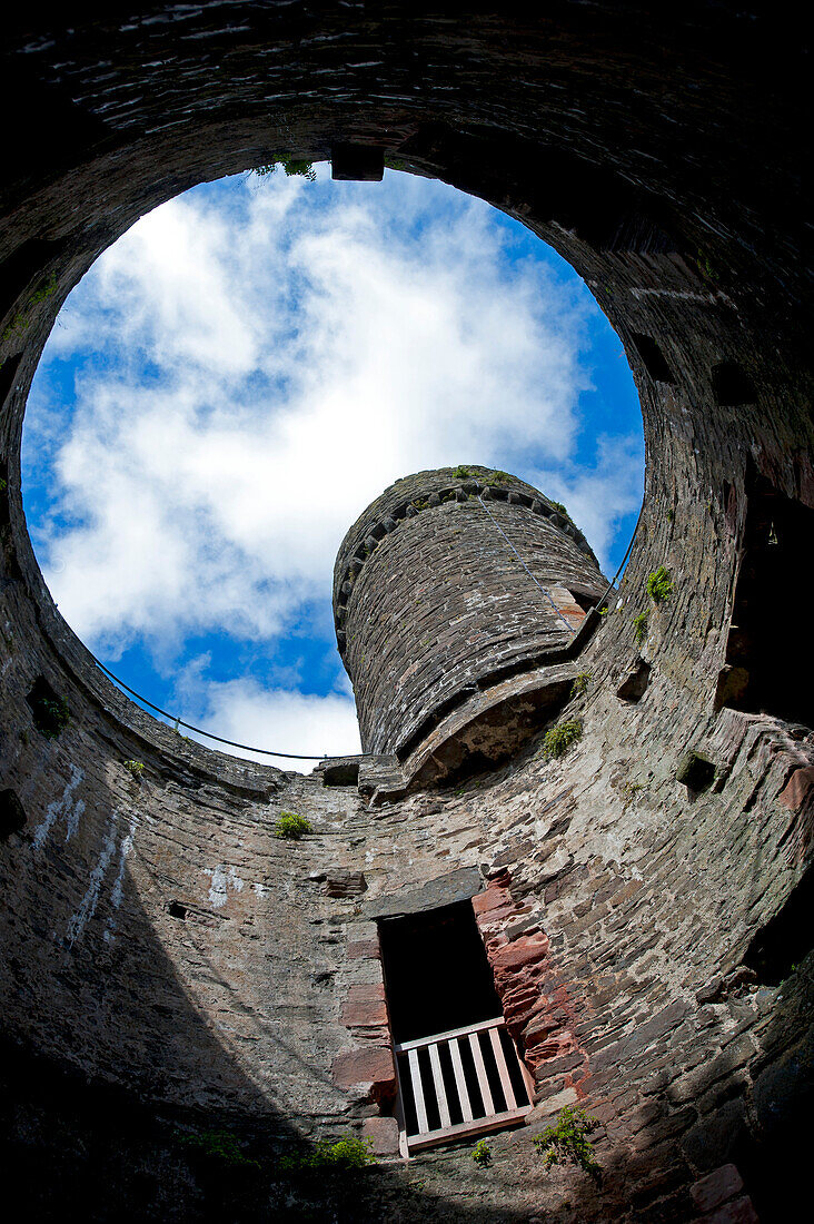 Looking up through one of the circular towers at Conwy Castle in Conwy, Wales, UK