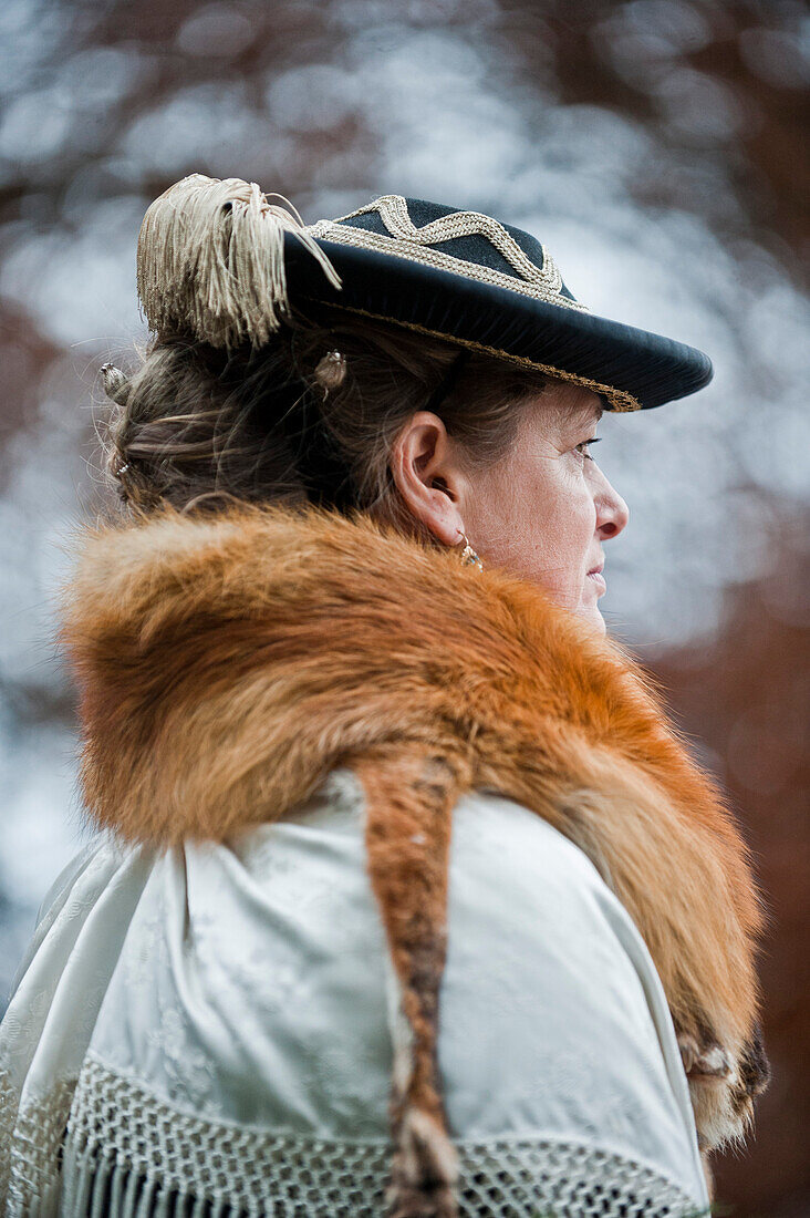 Woman wearing traditional costumes, festival of Leonhardiritt, Benediktbeuren, Bavaria, Germany