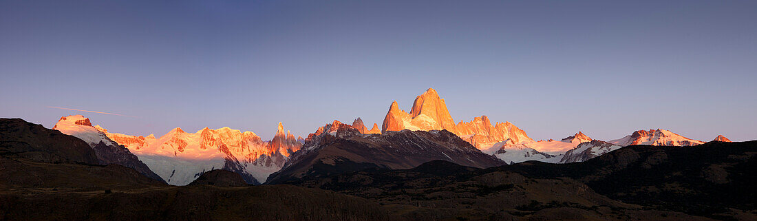 Cerro Torre and Mt. Fitz Roy at the first light of sunrise, Los Glaciares National Park, near El Chalten, Patagonia, Argentina