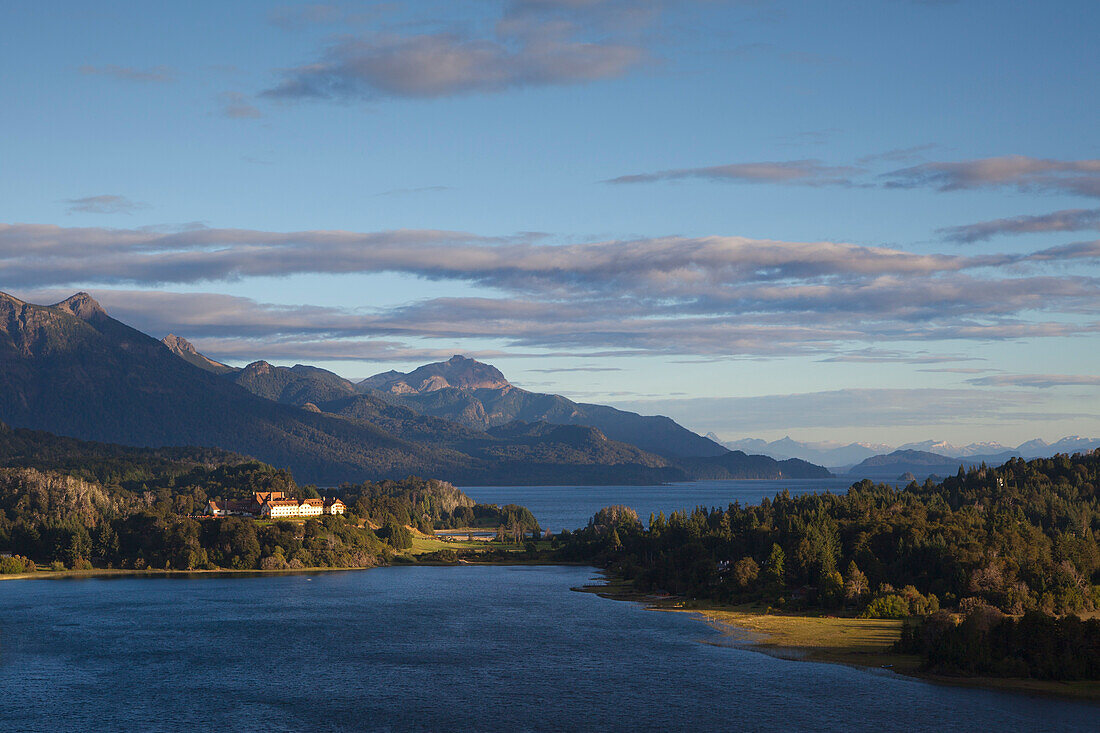 Morning light at Lago Moreno, view to the Llao Llao hotel and the Lago Nahuel Huapi, near San Carlos de Bariloche, Rio Negro, Patagonia, Argentina