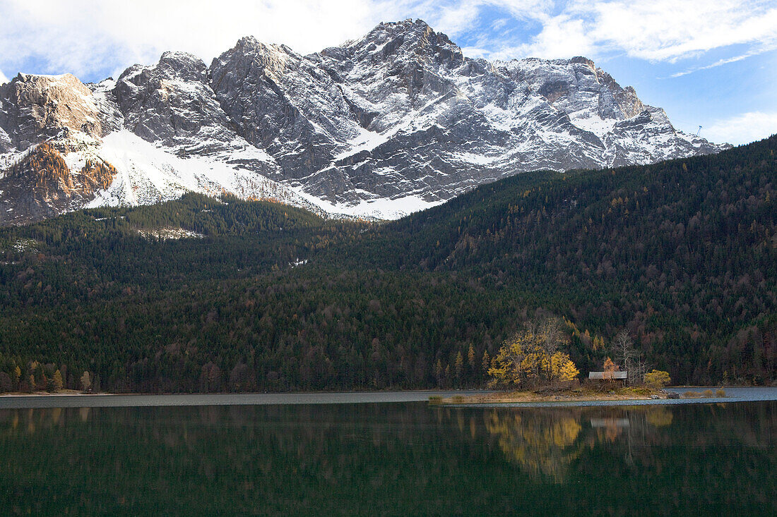 Island in the Lake Eibsee near Garmisch-Partenkirchen below the mountain Zugspitze, Upper Bavaria, Germany, Europe