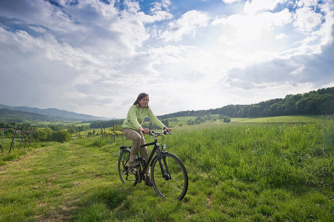 Cyclist in a meadow, Hexental, Black Forest, Baden-Wuerttemberg, Germany, Europe