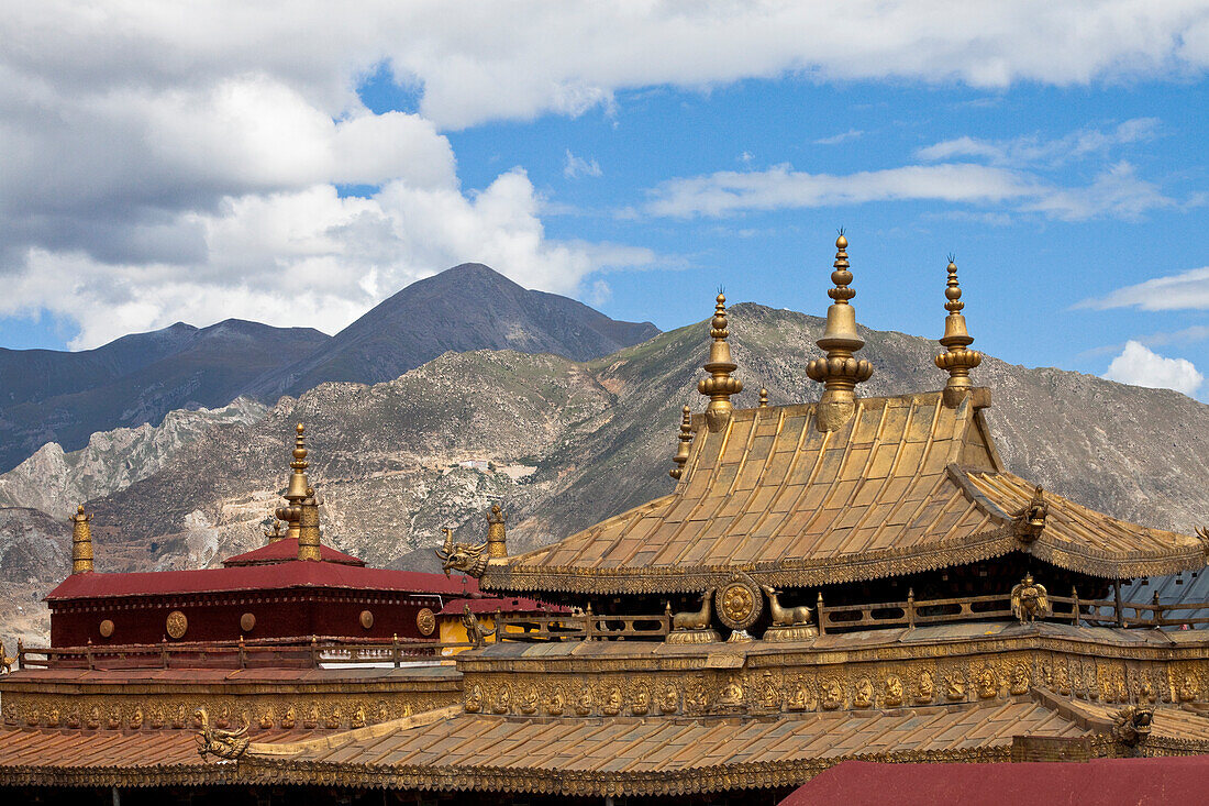 Roofs of Jokhang Buddhistic Monastery, national sancturary in the historic part of the town of Lhasa, Transhimalaya mountains, Tibet Autonomous Region, People's Republic of China