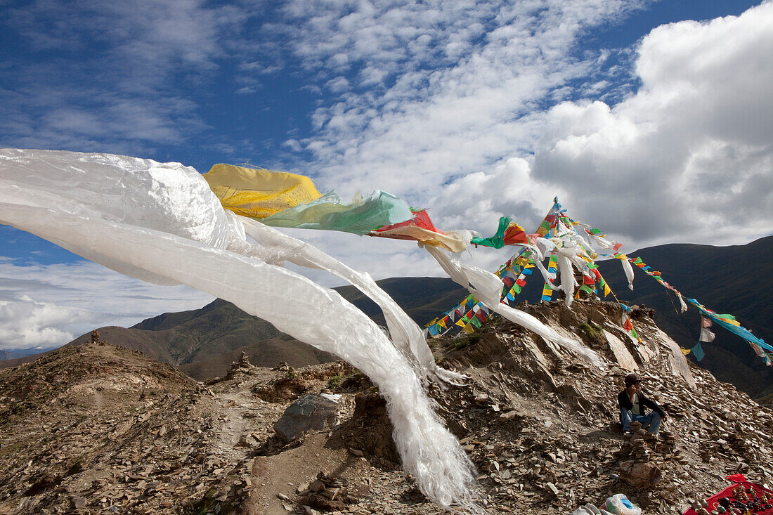 Prayers flags in the Transhimalaya Mountains on the Khampa La Pa, Tibet Autonomous Region, People's Republic of China