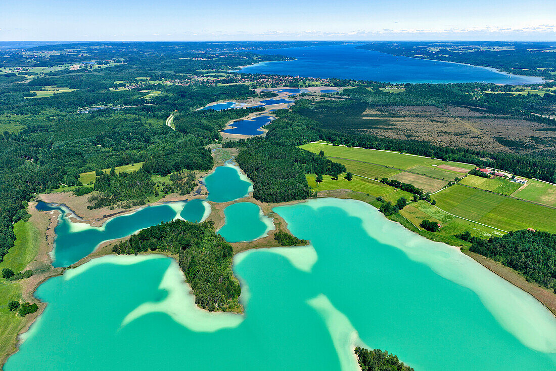 Aerial view over lakes Osterseen, Seeshaupt, Starnberger See, Upper Bavaria, Germany, Europe
